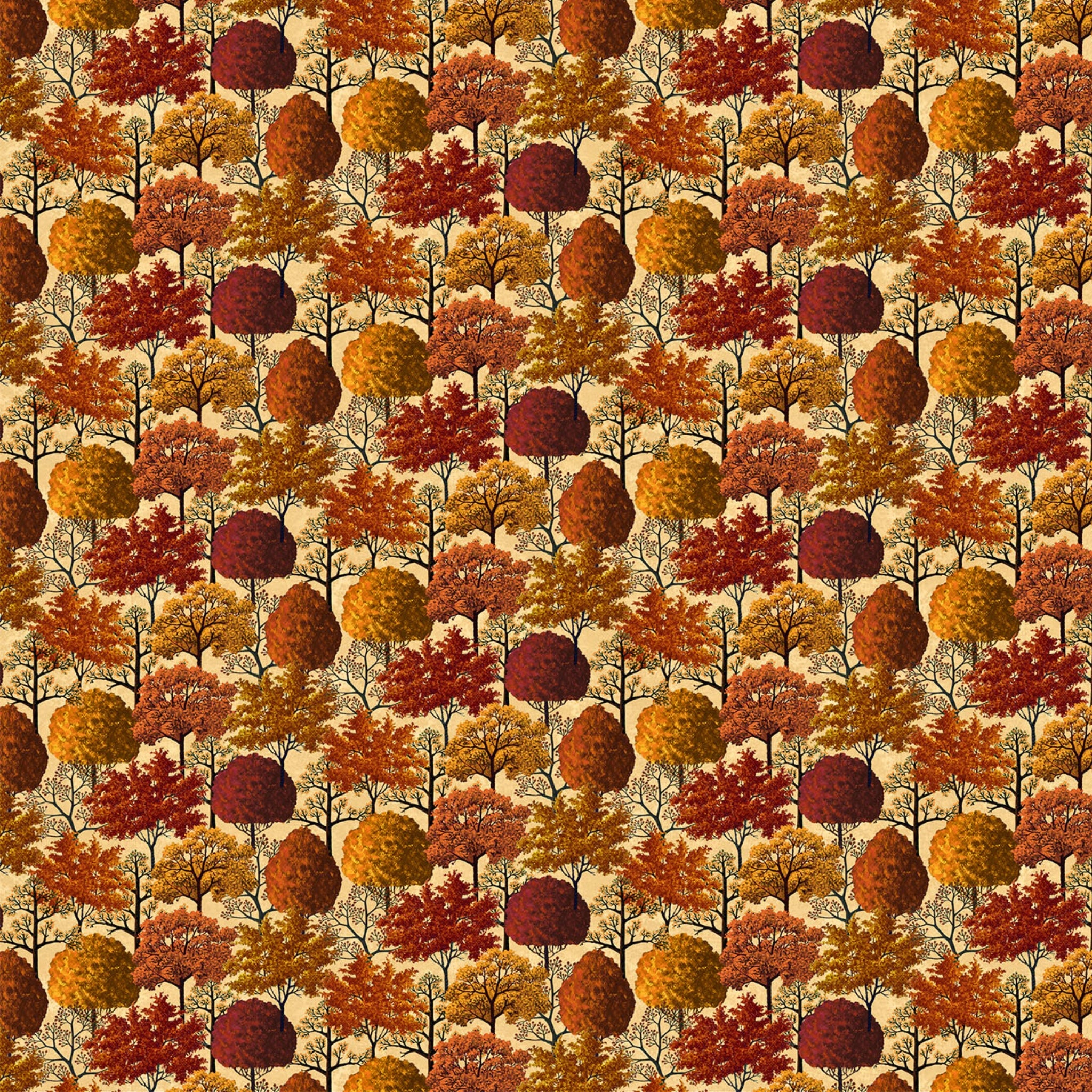 Pattern of autumn trees with red, orange, and brown leaves on a beige fabric quilting cotton
