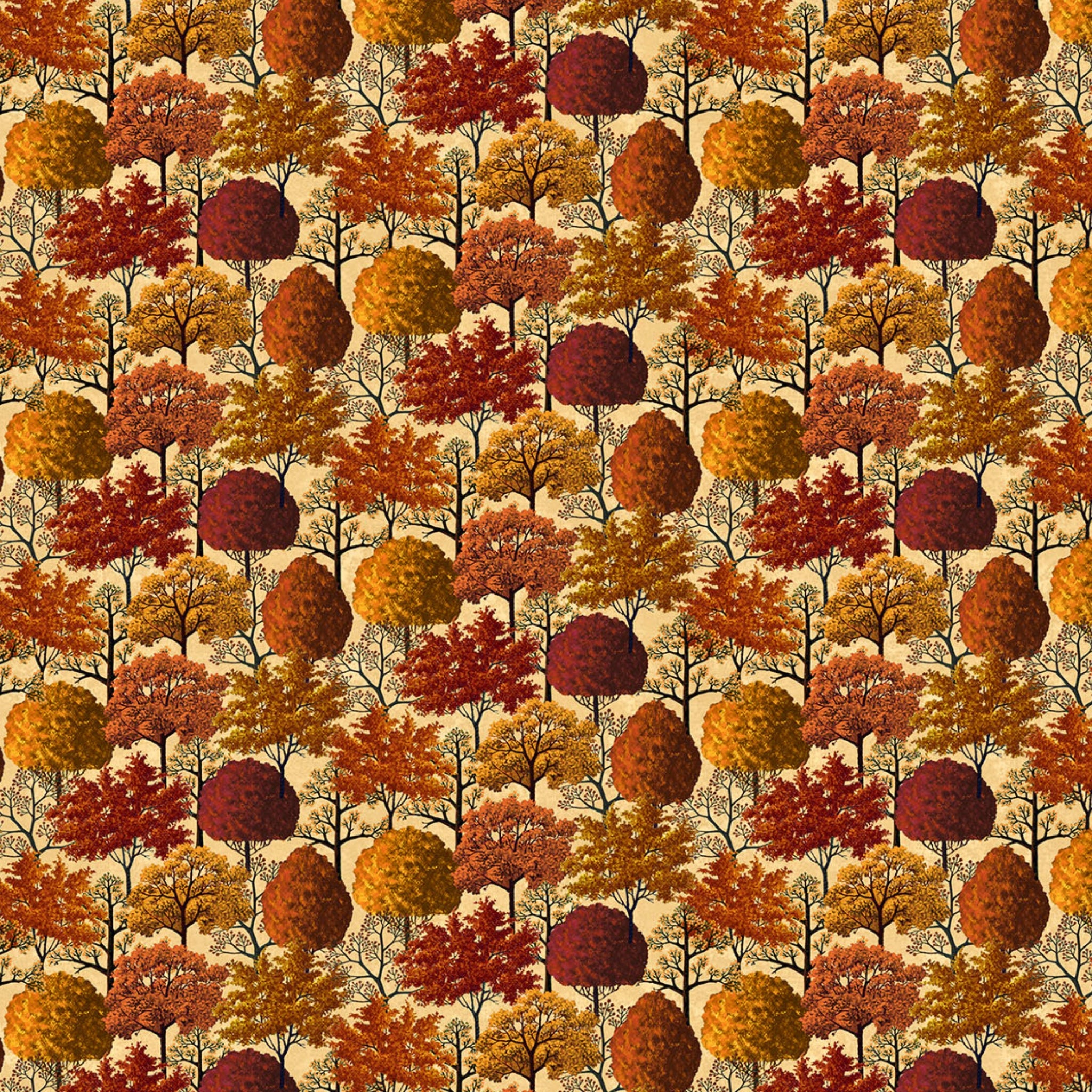 Autumn trees rust orange gold burgundy cream fabric for autumn harvest quilts and patchwork sewing projects