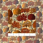Pattern of autumn trees with multicolored leaves on a beige quilting cotton background