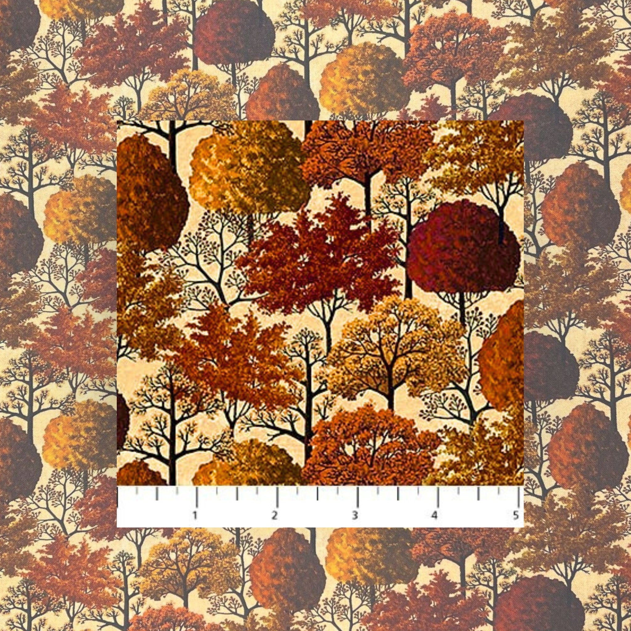Pattern of autumn trees with multicolored leaves on a beige quilting cotton background