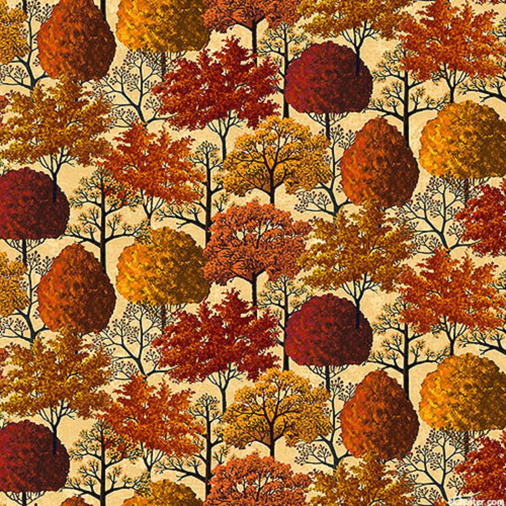 Pattern of autumn trees with red, orange, and brown leaves on a beige fabric quilting cotton