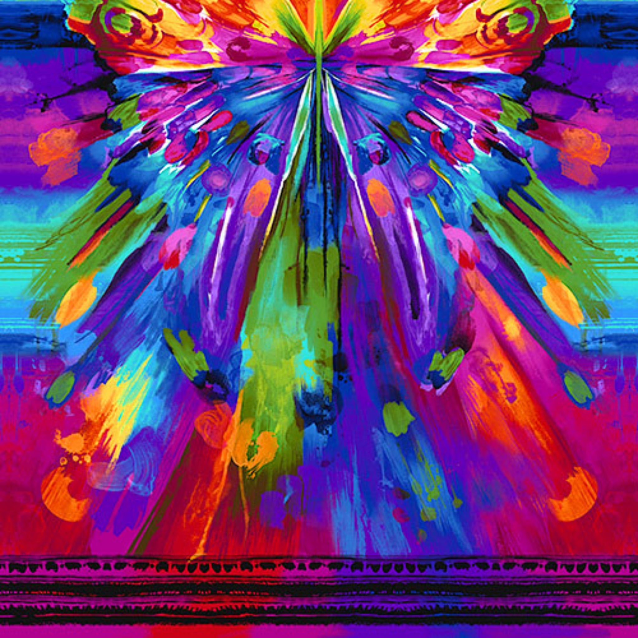 Rainbow digital print butterfly panel in vibrant multi colours for feature quilts and wall hangings
