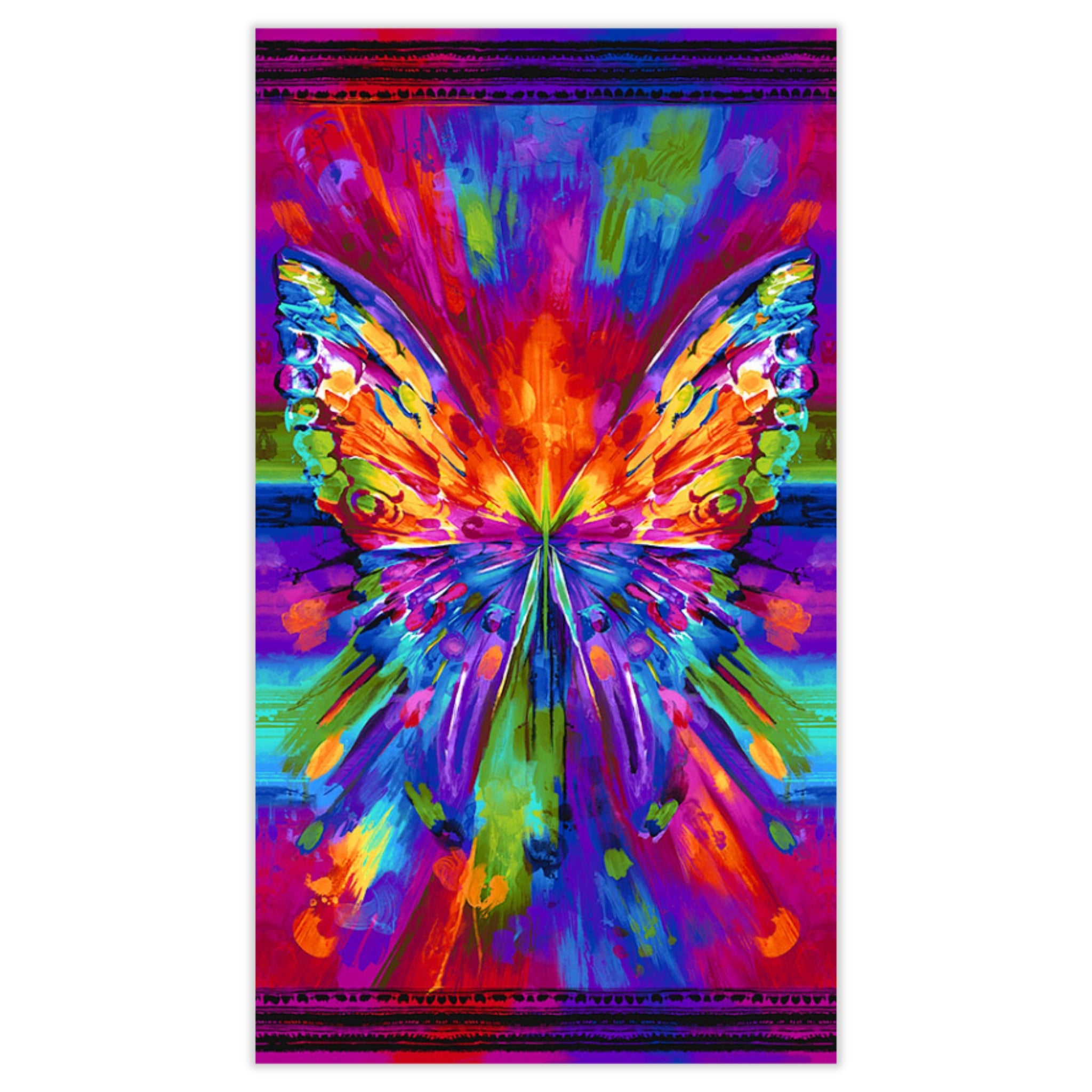 Rainbow butterfly panel in vibrant multi colours for feature quilts and wall hangings