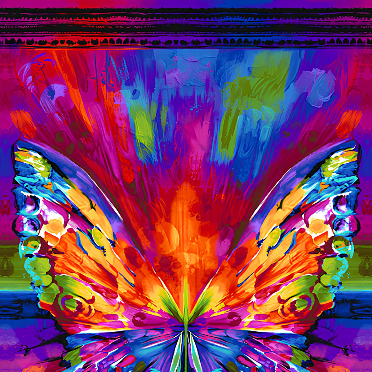 Rainbow butterfly panel purple pink orange blue digital print for feature quilts wall hangings and patchwork sewing projects