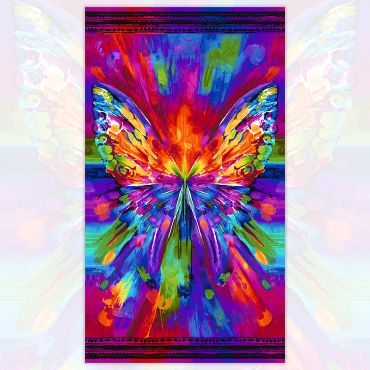 Rainbow butterfly panel purple pink orange blue digital print for feature quilts wall hangings and patchwork sewing projects