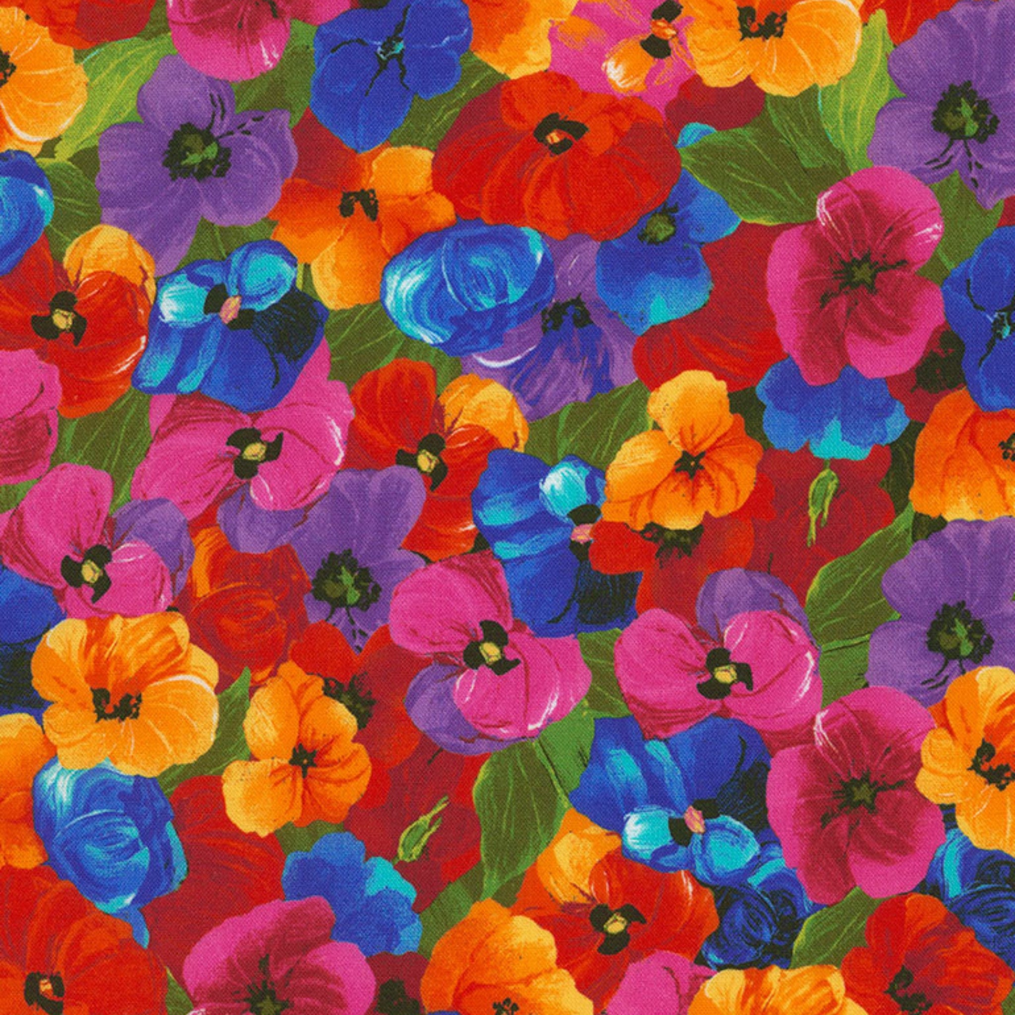 Bold multi-coloured pansies digital print fabric for feature quilts and patchwork sewing projects