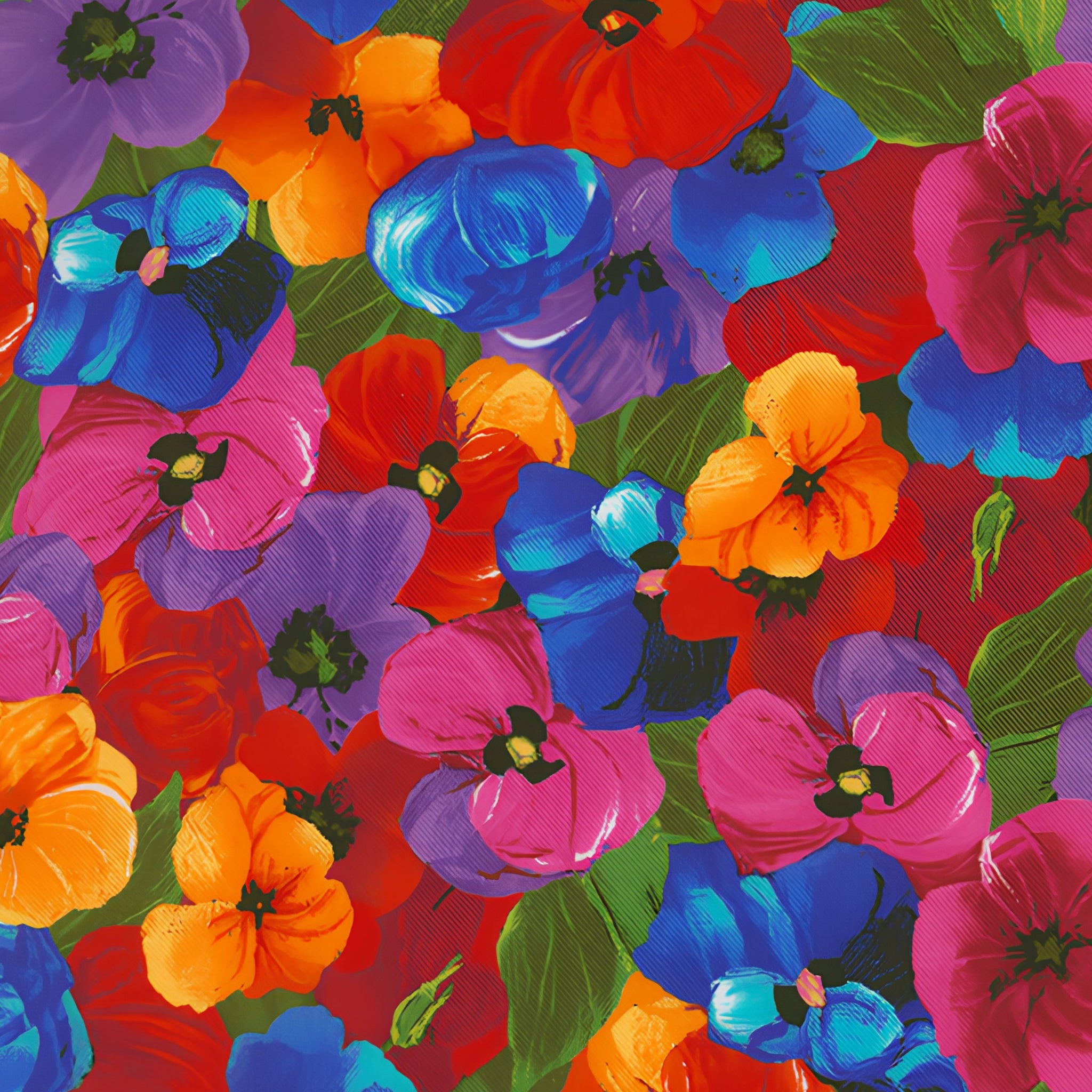 Packed pansy print red orange pink purple blue yellow floral fabric for feature quilts bags and vibrant patchwork sewing projects