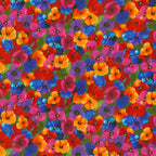 Packed pansy print red orange pink purple blue yellow floral fabric for feature quilts bags and vibrant patchwork sewing projects