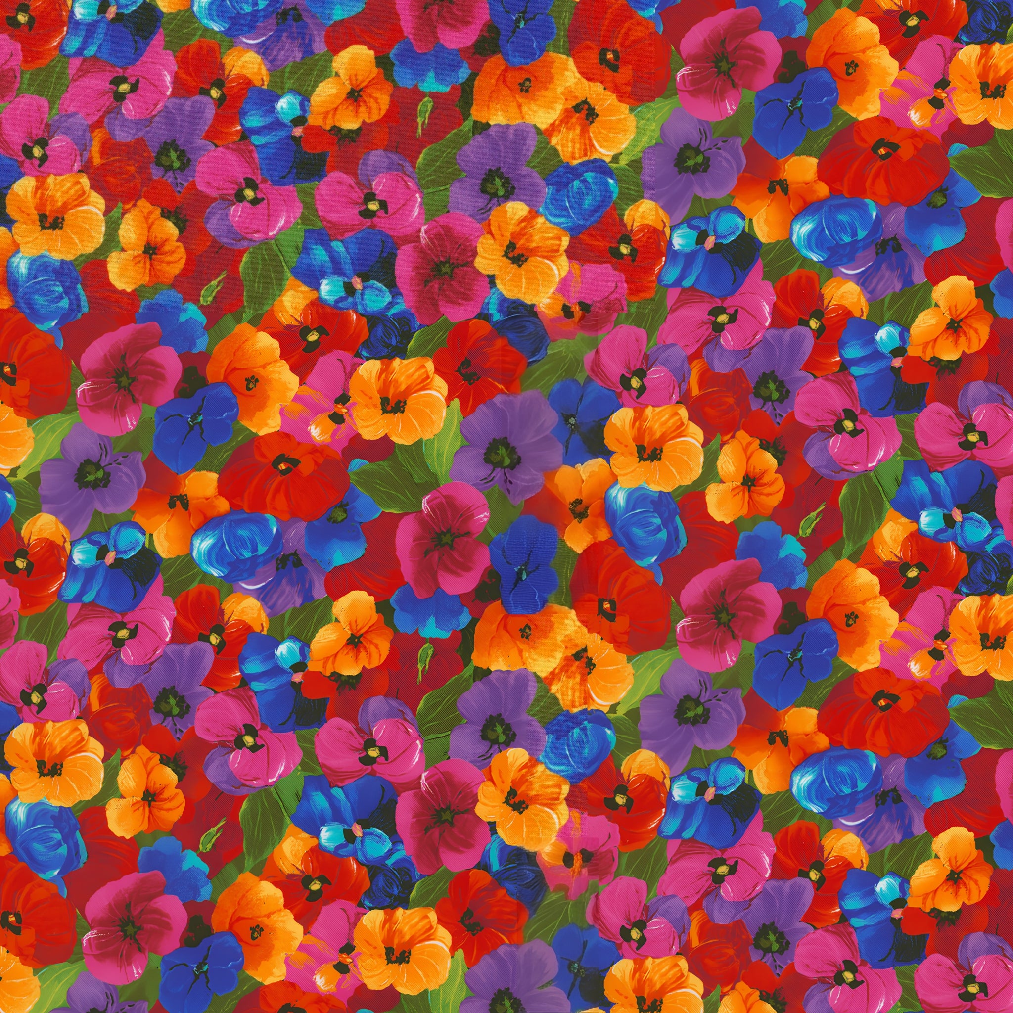 Packed pansy print red orange pink purple blue yellow floral fabric for feature quilts bags and vibrant patchwork sewing projects