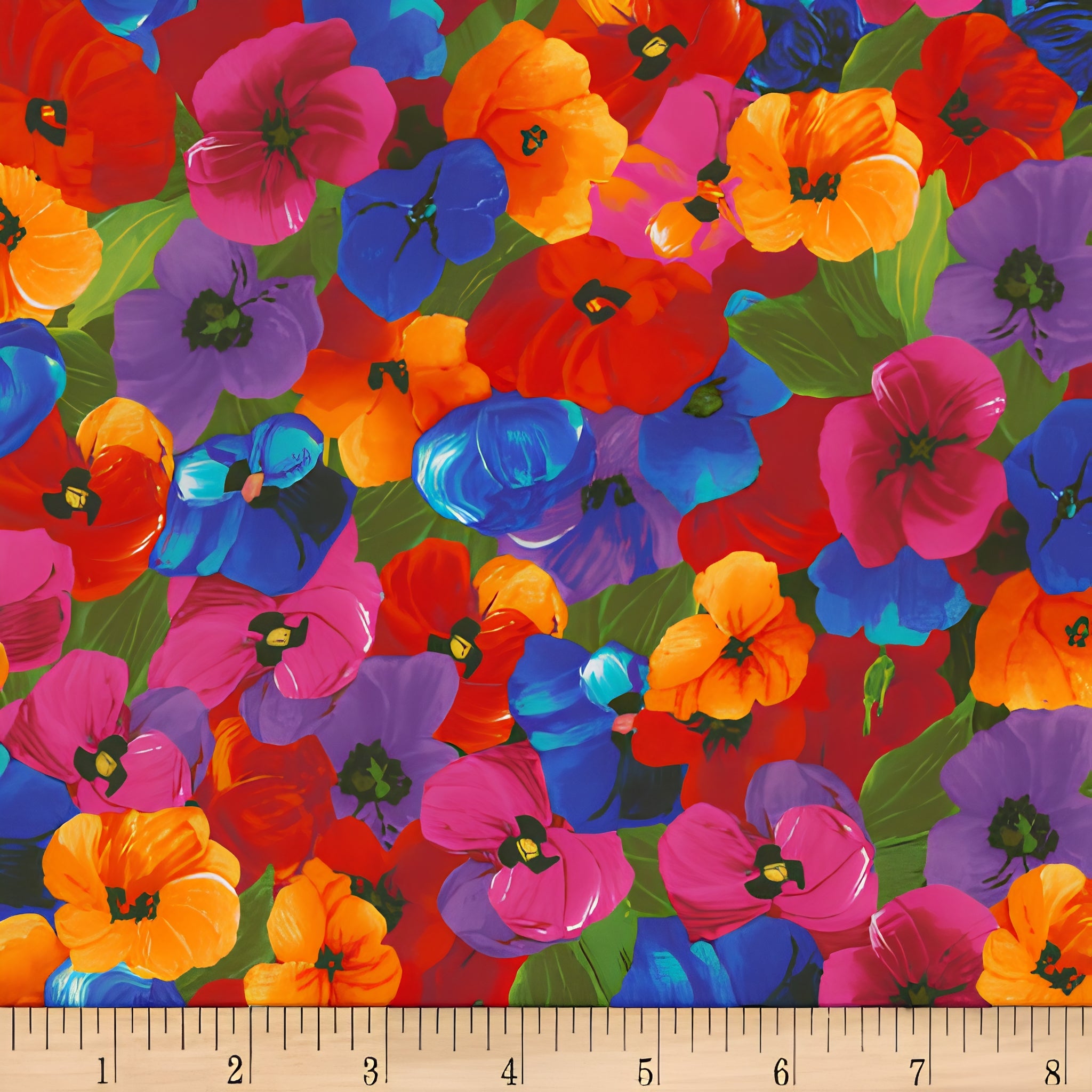 Packed pansy print red orange pink purple blue yellow floral fabric for feature quilts bags and vibrant patchwork sewing projects