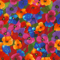 Packed pansy print red orange pink purple blue yellow floral fabric for feature quilts bags and vibrant patchwork sewing projects