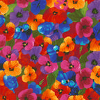 Packed pansy print red orange pink purple blue yellow floral fabric for feature quilts bags and vibrant patchwork sewing projects