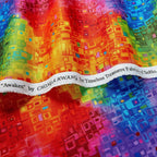Rainbow geo squares digital print fabric in vibrant multi colours for modern quilts and patchwork sewing projects