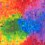 Rainbow geo pixel squares digital print fabric in vibrant multi colours for modern quilts and patchwork sewing projects