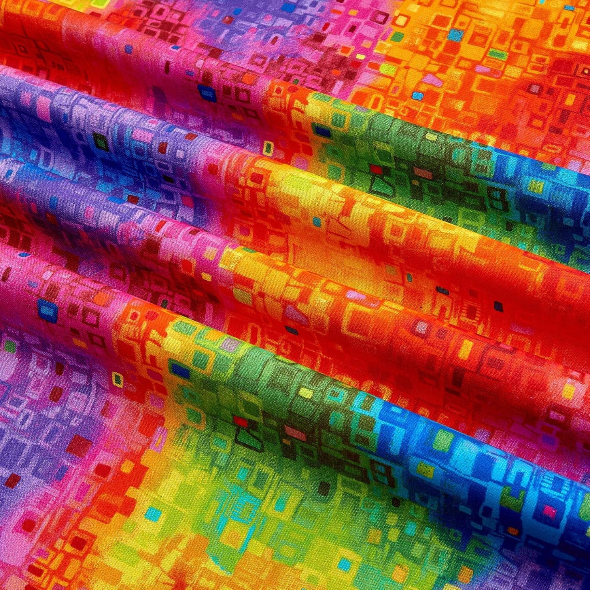 Abstract geometric squares rainbow ombre digital print fabric for feature quilts backgrounds sashing and patchwork sewing projects