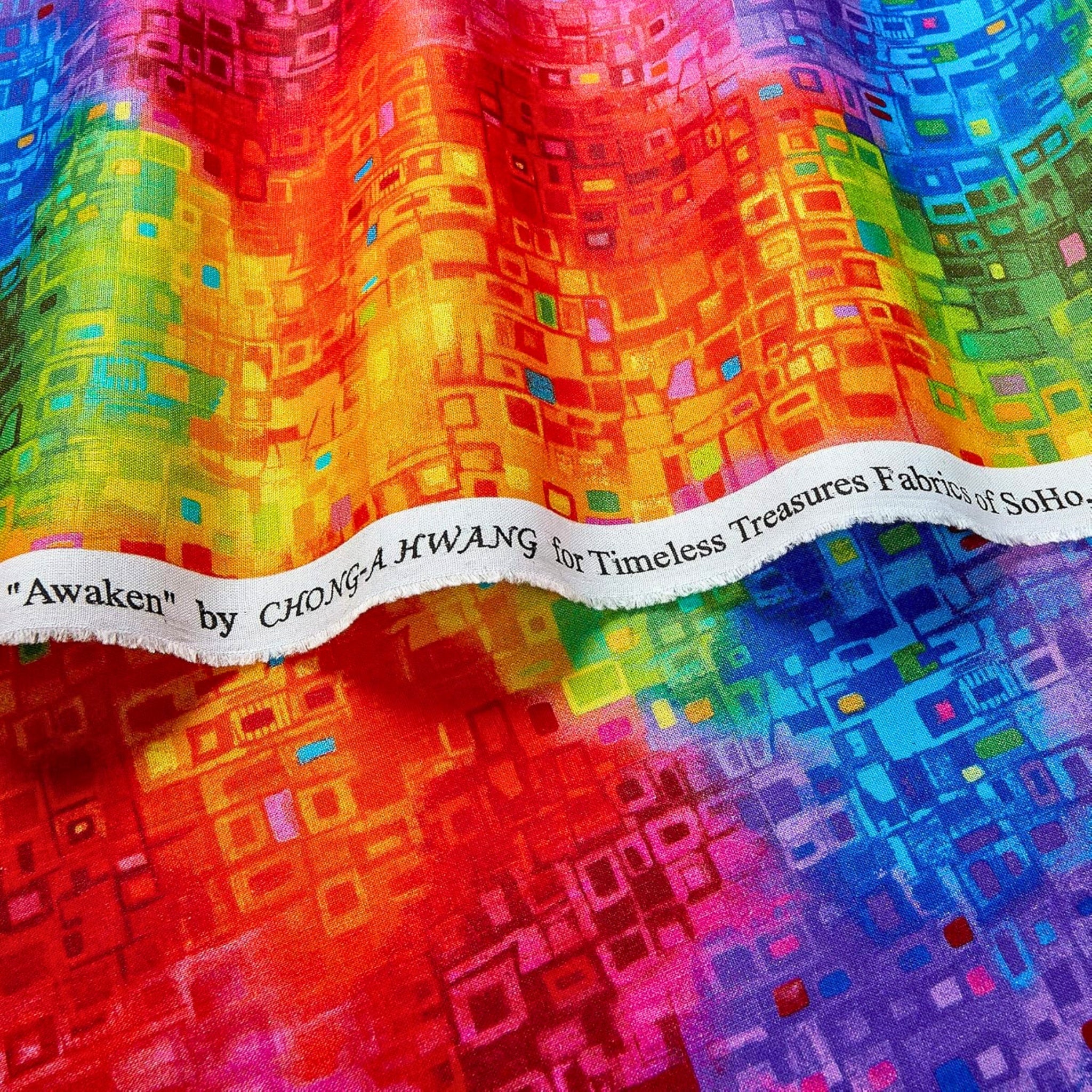 Abstract geometric squares rainbow ombre digital print fabric for feature quilts backgrounds sashing and patchwork sewing projects