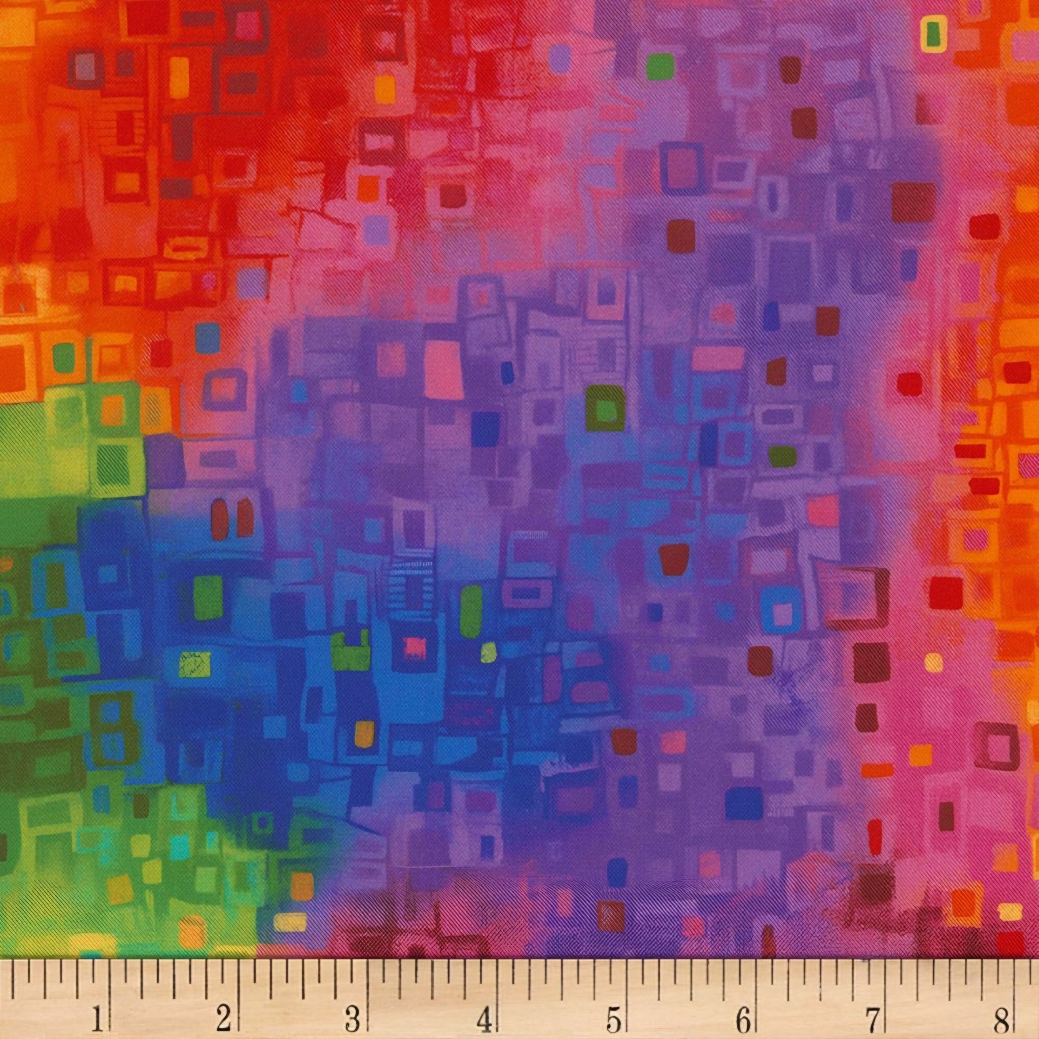 Abstract geometric squares rainbow ombre digital print fabric for feature quilts backgrounds sashing and patchwork sewing projects