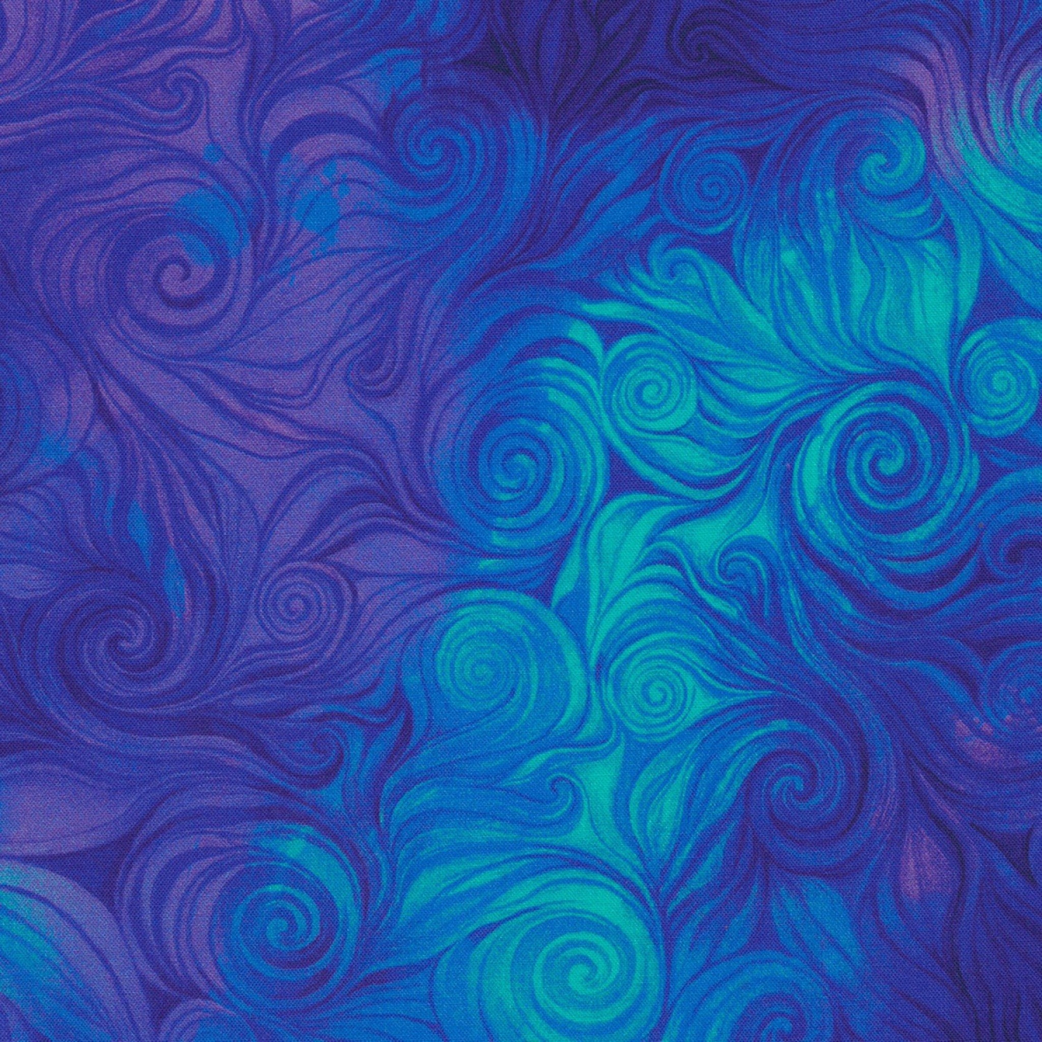 Swirling abstract blue purple turquoise digital print for modern quilts and patchwork sewing projects