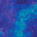 Swirling feathered scroll digital print cobalt blue turquoise blender fabric for feature quilts sashing and patchwork sewing projects