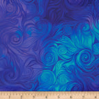 Swirling feathered scroll digital print cobalt blue turquoise blender fabric for feature quilts sashing and patchwork sewing projects