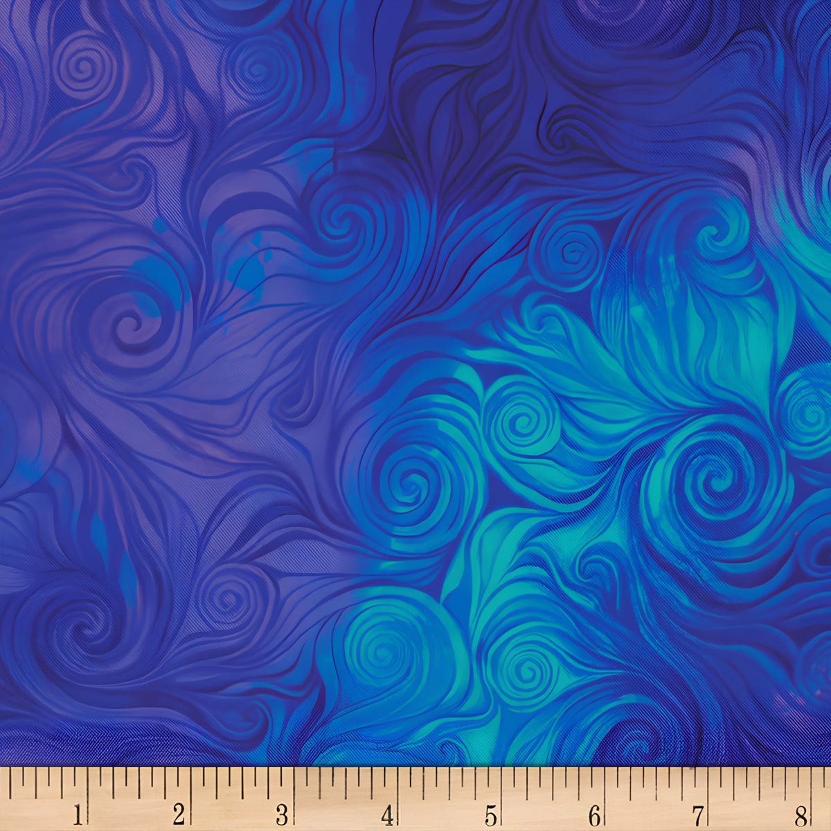 Swirling feathered scroll digital print cobalt blue turquoise blender fabric for feature quilts sashing and patchwork sewing projects