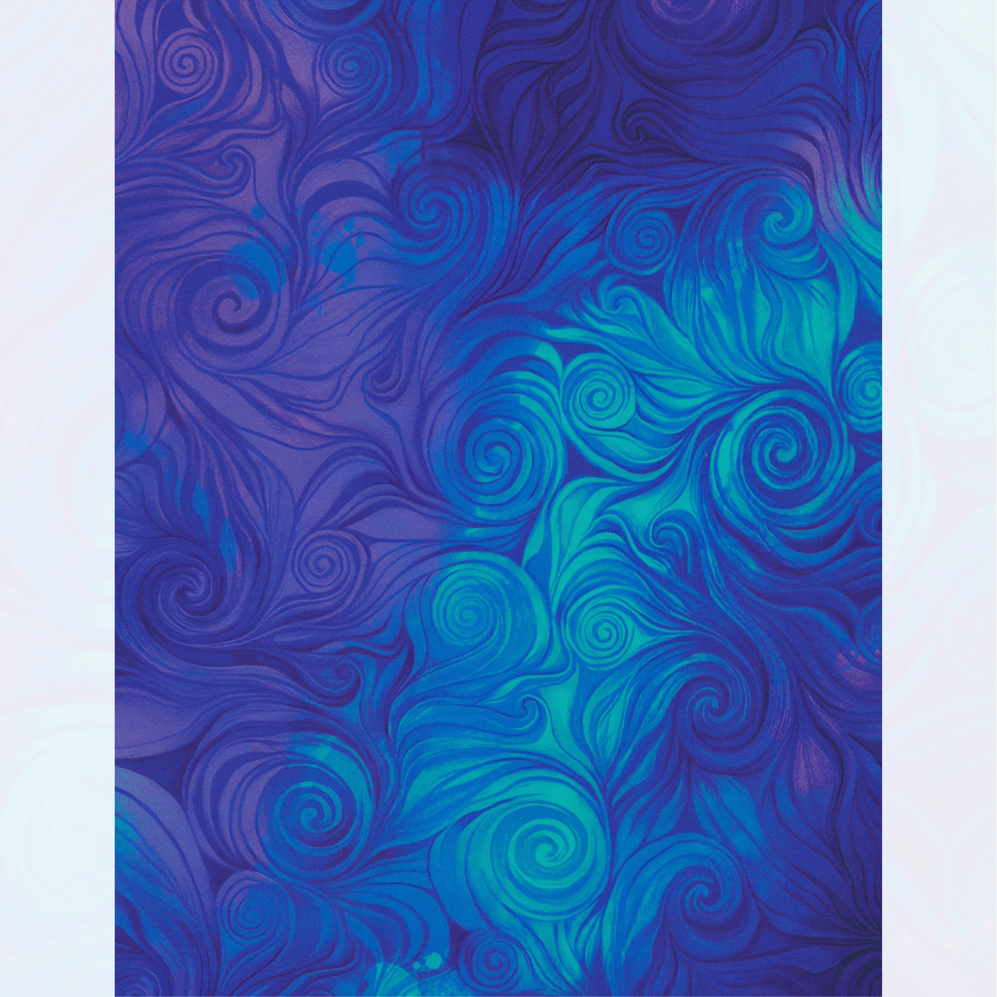 Swirling feathered scroll digital print cobalt blue turquoise blender fabric for feature quilts sashing and patchwork sewing projects