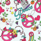 Hippie peace allover white pink turquoise fabric for 60s 70s themed quilts tote bags patchwork sewing projects