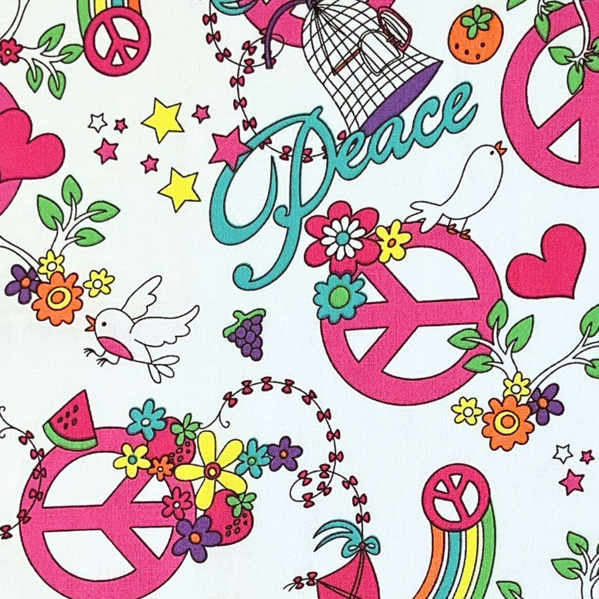 Hippie peace allover white pink turquoise fabric for 60s 70s themed quilts tote bags patchwork sewing projects