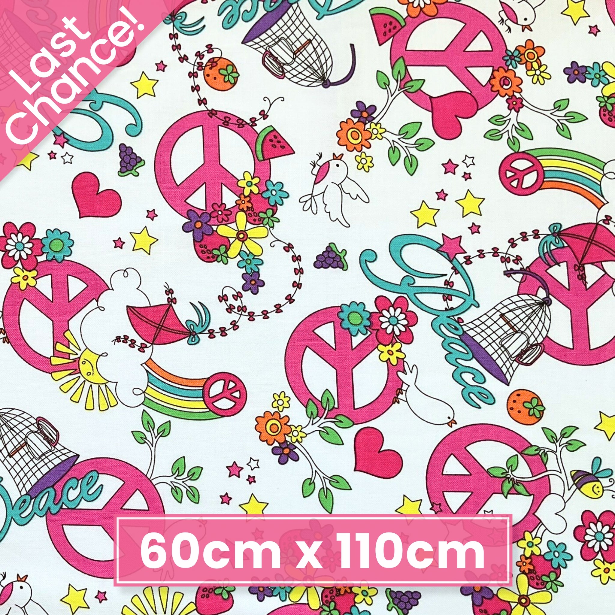 Retro peace allover white pink turquoise fabric for 60s 70s themed quilts tote bags patchwork sewing projects