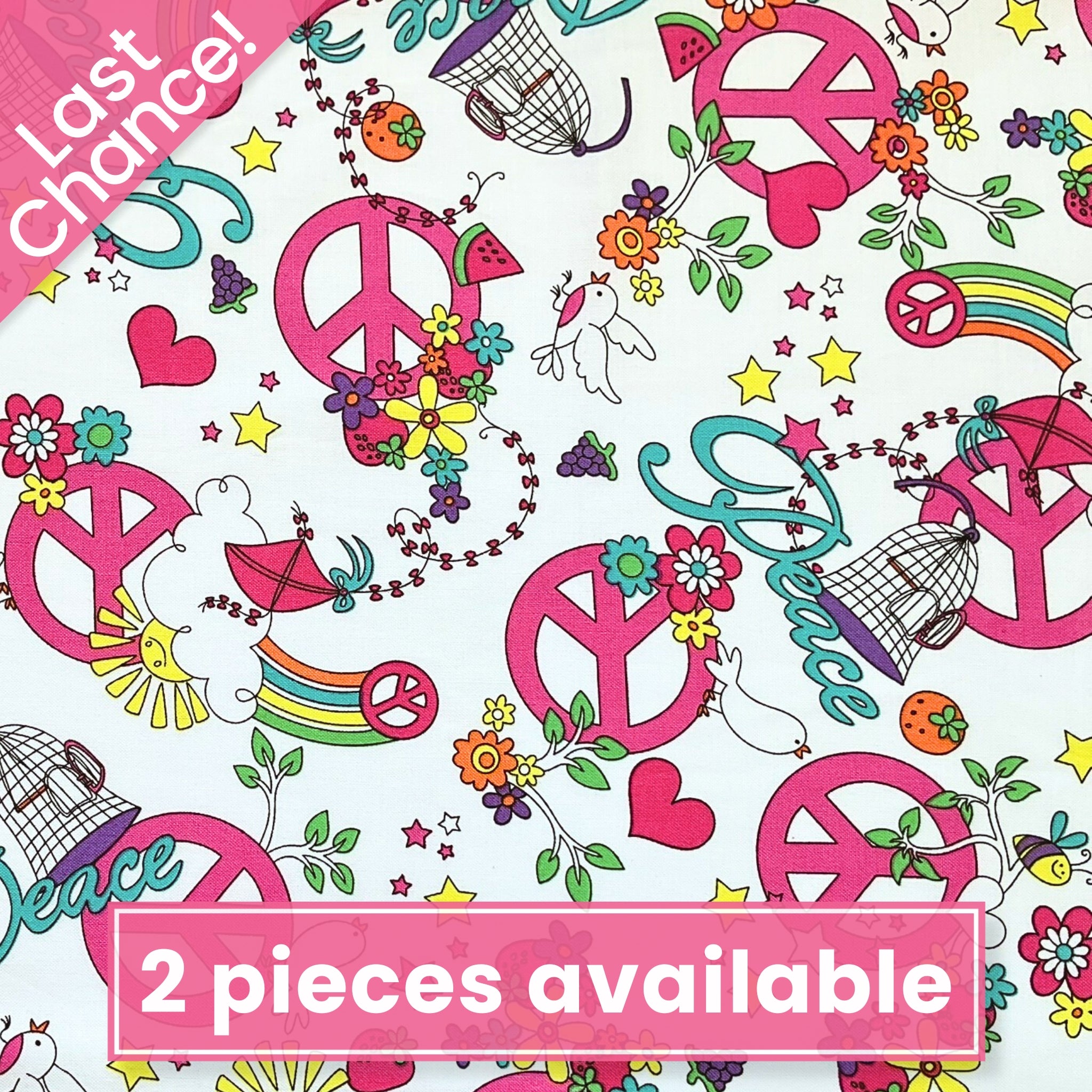 Retro peace doves white pink turquoise fabric for 60s 70s themed quilts tote bags patchwork sewing projects