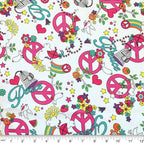 Groovy peace allover white pink turquoise fabric for 60s 70s themed quilts tote bags patchwork sewing projects