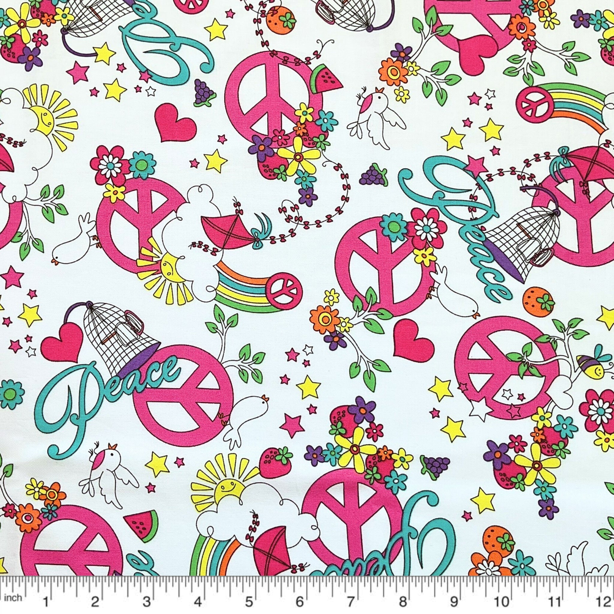 Groovy peace allover white pink turquoise fabric for 60s 70s themed quilts tote bags patchwork sewing projects