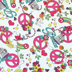 Retro peace allover white pink turquoise fabric for 60s 70s themed quilts tote bags patchwork sewing projects