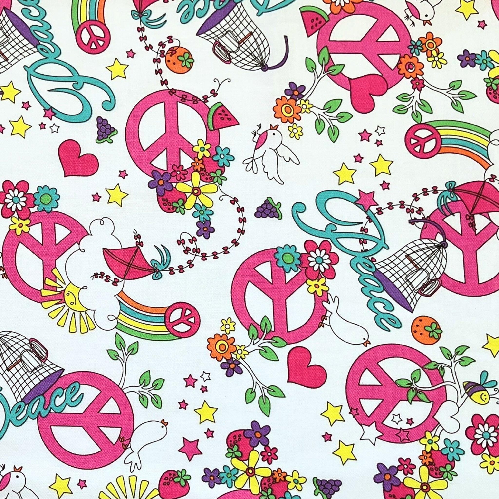 Retro peace allover white pink turquoise fabric for 60s 70s themed quilts tote bags patchwork sewing projects
