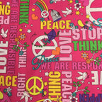 Retro peace words magenta lime green yellow pink fabric for 60s 70s themed quilts tote bags patchwork sewing projects