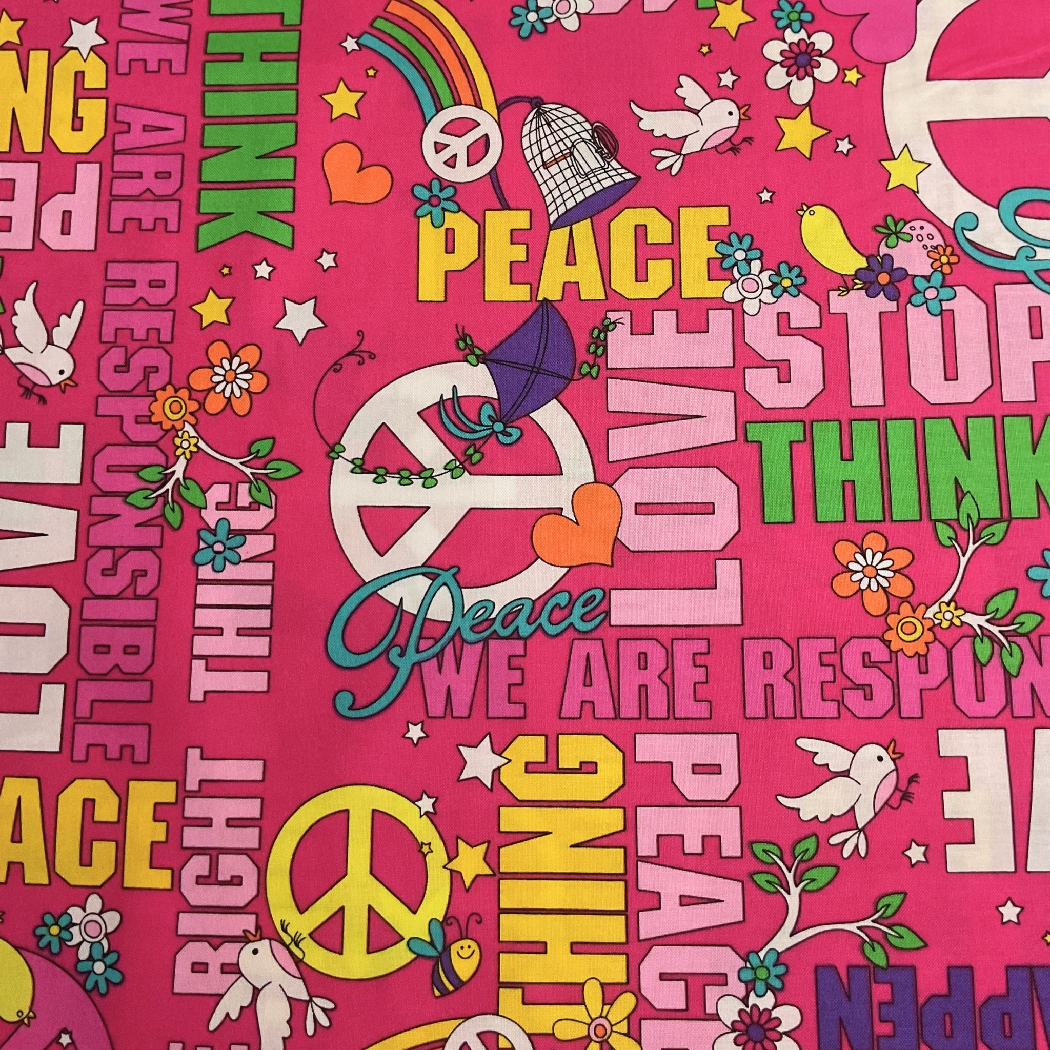 Retro peace words magenta lime green yellow pink fabric for 60s 70s themed quilts tote bags patchwork sewing projects