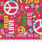 Groovy peace words pink fabric for 60s 70s themed quilts tote bags patchwork sewing projects