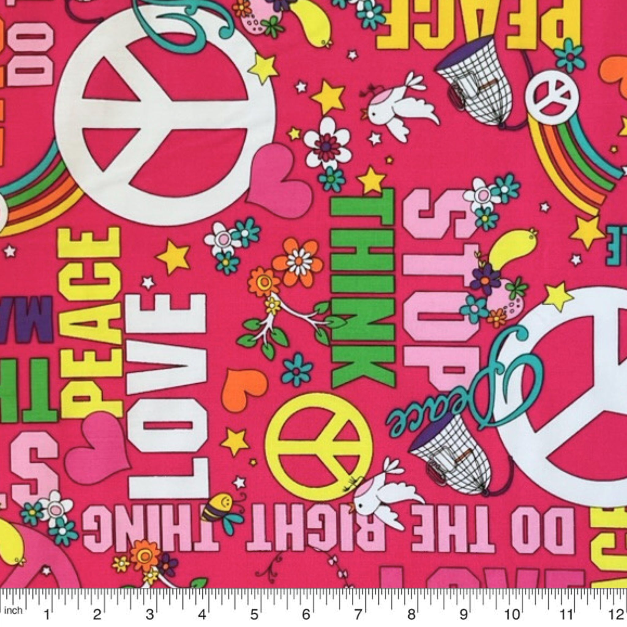 Groovy peace words pink fabric for 60s 70s themed quilts tote bags patchwork sewing projects
