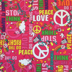 Retro peace words magenta pink fabric for 60s 70s themed quilts tote bags patchwork sewing projects