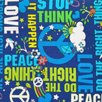 Hippie peace words royal blue fabric for 60s 70s themed quilts bags patchwork sewing projects