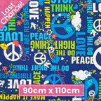 Retro peace words royal blue fabric for 60s 70s themed quilts bags patchwork sewing projects