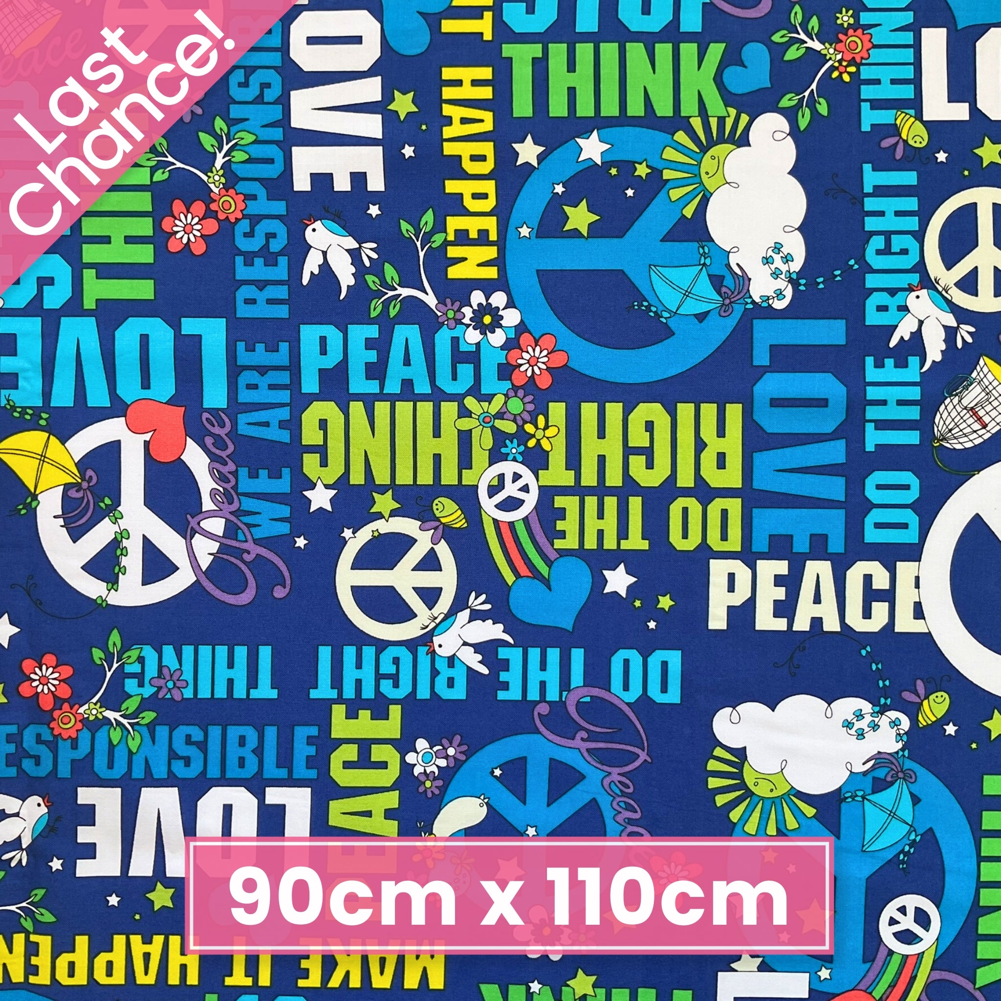 Retro peace words royal blue fabric for 60s 70s themed quilts bags patchwork sewing projects