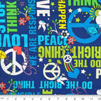Groovy peace words royal blue fabric for 60s 70s themed quilts bags patchwork sewing projects