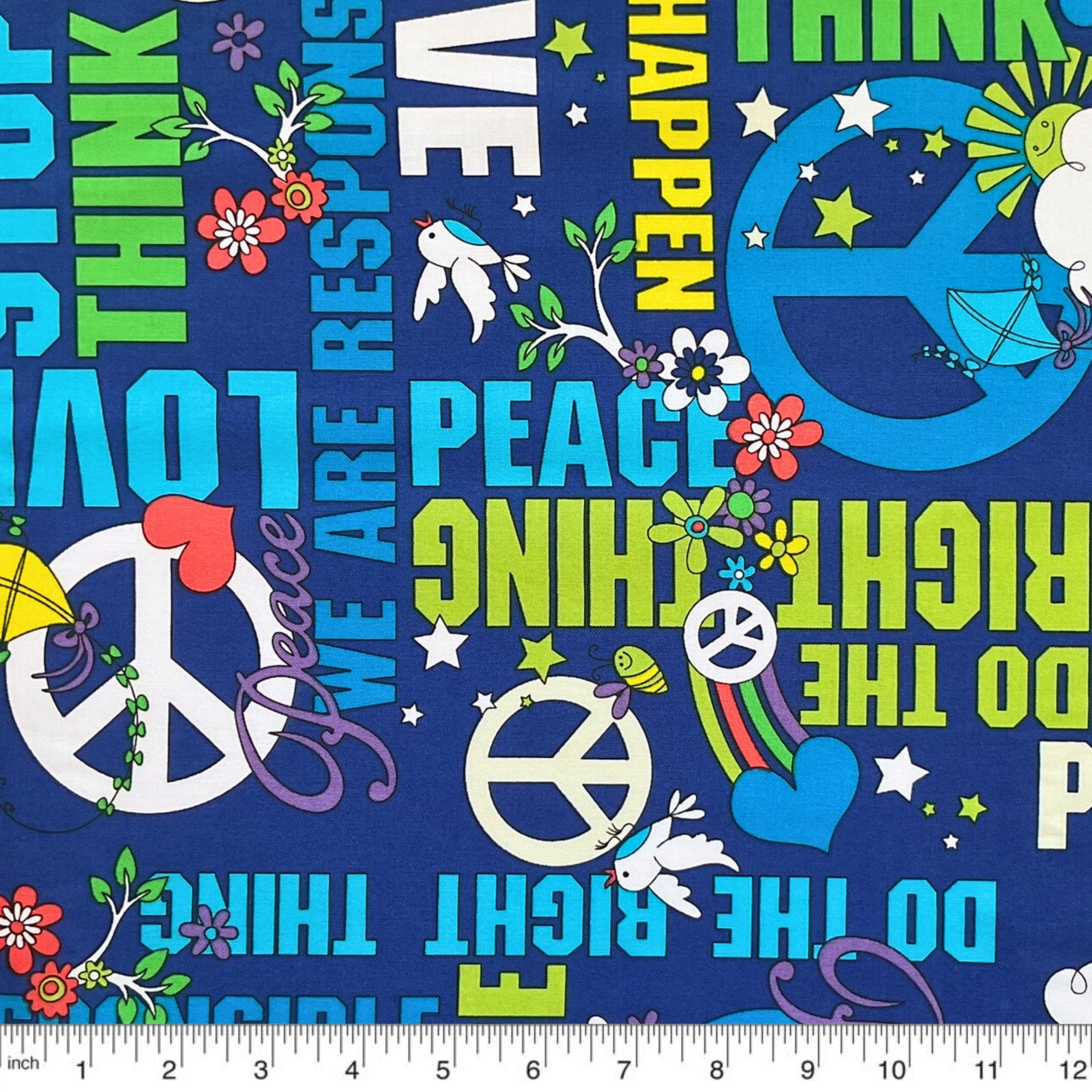 Groovy peace words royal blue fabric for 60s 70s themed quilts bags patchwork sewing projects