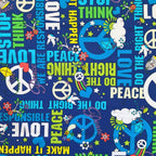 Retro peace words royal blue fabric for 60s 70s themed quilts bags patchwork sewing projects