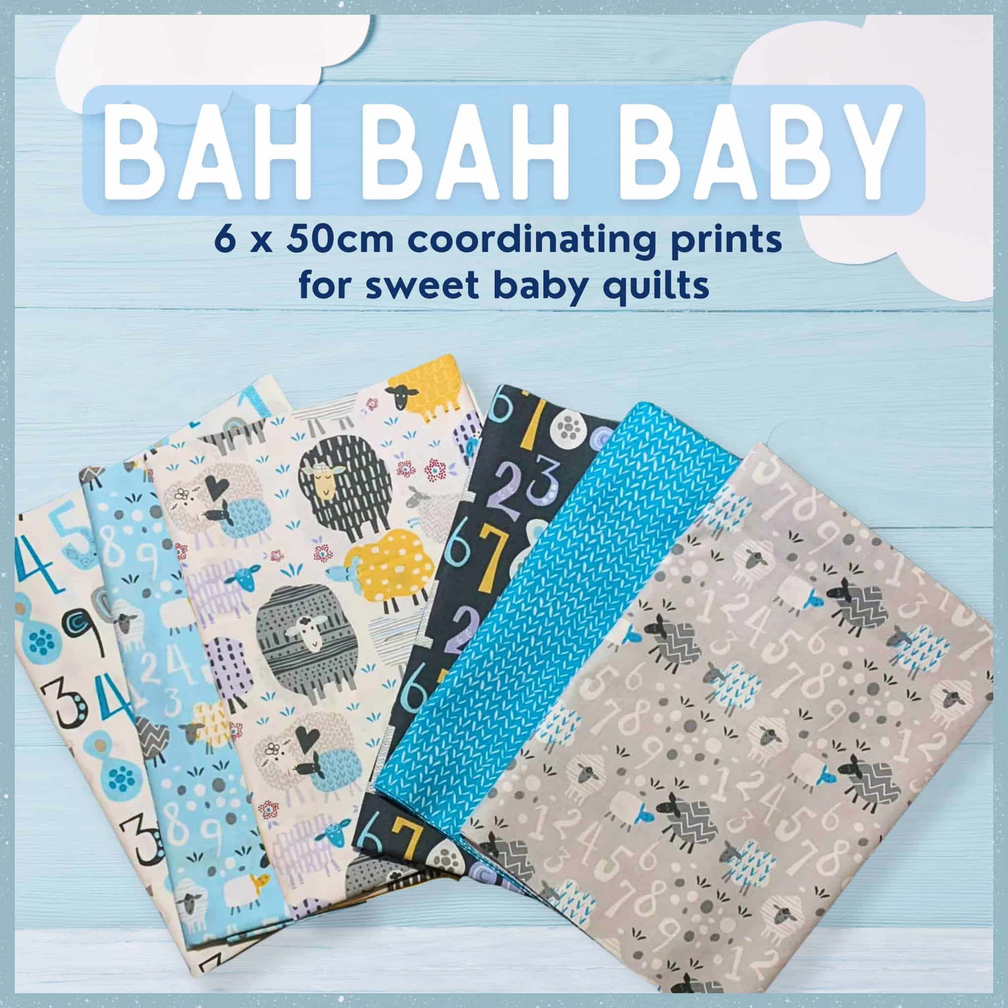 Counting Sheep fabric bundle blue grey yellow with sheep, numbers, chevron for baby quilts, cot quilts, nursery projects