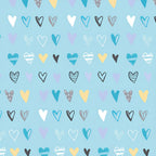 Colourful mixed hearts teal yellow lavender grey soft blue fabric for baby quilts nursery décor and kids patchwork projects