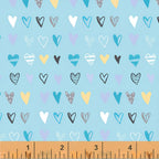 Colourful mixed hearts teal yellow lavender grey soft blue fabric for baby quilts nursery décor and kids patchwork projects