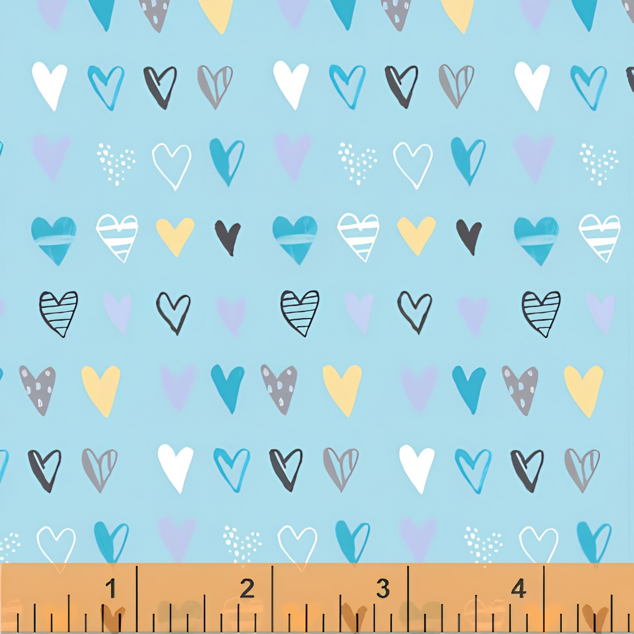 Colourful mixed hearts teal yellow lavender grey soft blue fabric for baby quilts nursery décor and kids patchwork projects