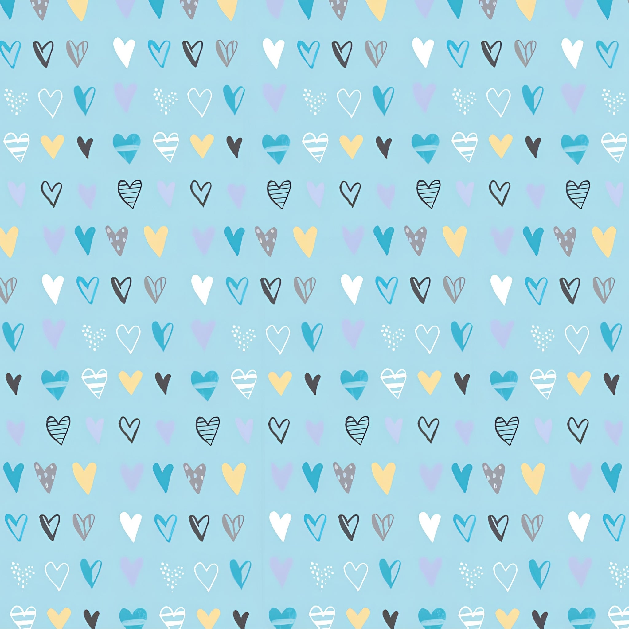 Colourful mixed hearts teal yellow lavender grey soft blue fabric for baby quilts nursery décor and kids patchwork projects